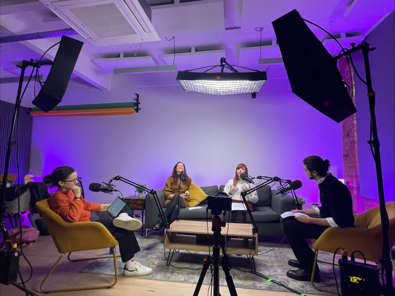 Journalists Sarah, Julia, Amanda and Alessandro in The Cosmetics Business Podcast studio